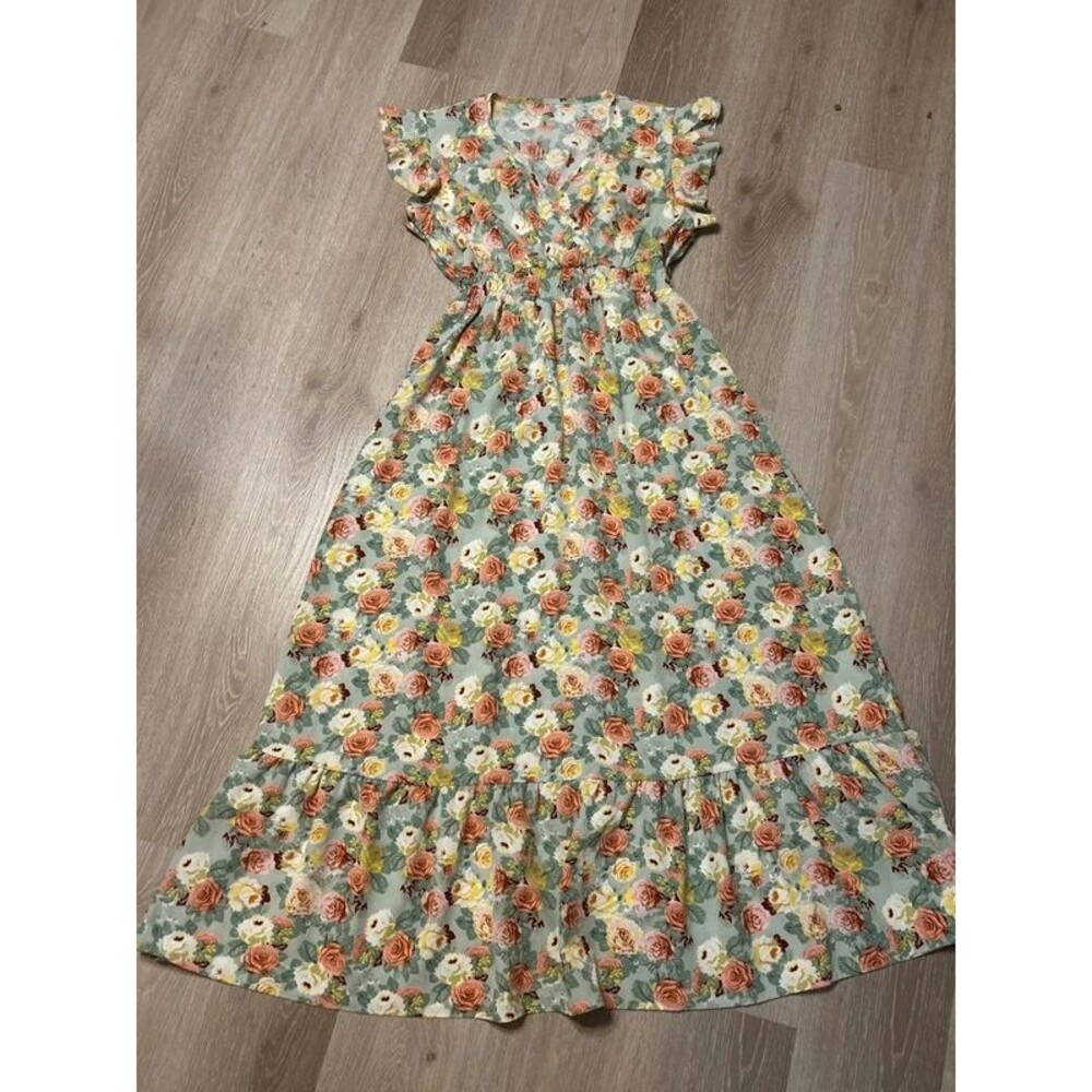Shein V Neck Flutter Sleeve Floral Smocked Waist A Line Maxi Dress Sz XL
